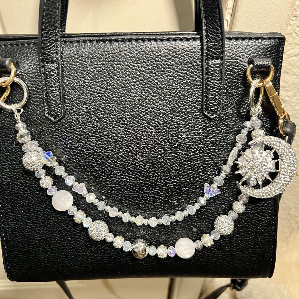 Handmade Beaded Bag Charm Clip on Chain Whimsical Silver star Moon bedazzle 12in